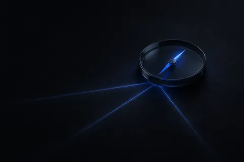 A dark glass compass with a glowing cobalt needle